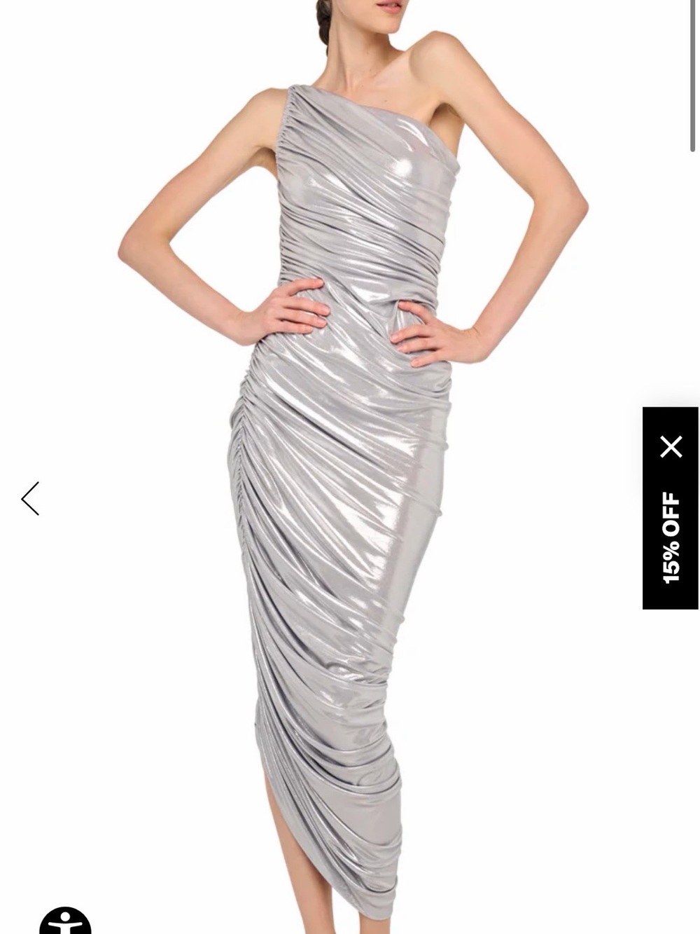 Norma Kamali One-Shoulder Metallic Silver Ruched Midi Dress